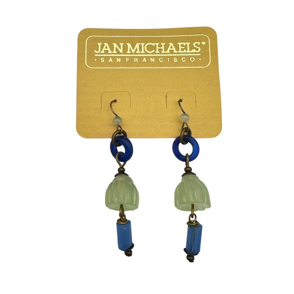 Vintage Jan Michaels San Francisco Blue Green Stone Glass Drop Dangle Earrings
